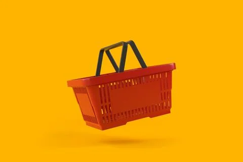 Flying red empty shopping basket on yellow background Stock Illustration