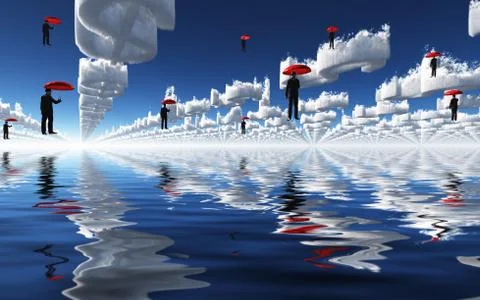 Flying with red umbrella Stock Illustration