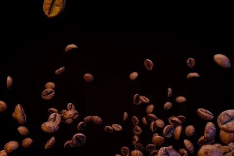 Flying roasted coffee beans drop in the air ,isolated on black background, .. Illustrazione stock