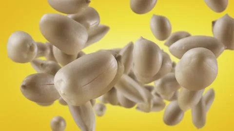 Flying of Roasted Peanuts in Yellow Background Stock Footage 147543832