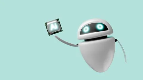 Flying robot with Ai processor on blue background. 3d render Stock Illustration