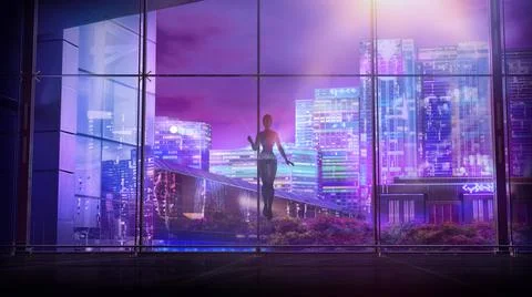 Flying robot in front of a window overlooking the night city, 3D render. Stock Illustration
