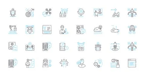 Flying robots linear icons set. Drs, Quadcopters, Hovercraft, Helicopters Stock Illustration