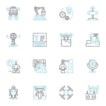 Flying robots linear icons set. Drs, Quadcopters, Hovercraft, Helicopters 스톡 일러스트