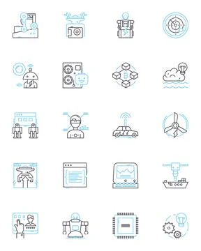 Flying robots linear icons set. Drs, Quadcopters, Hovercraft, Helicopters Stock Illustration