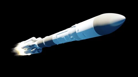 Flying rocket with alpha mask. Fire of rocket. Realistic 4k animation. Stock Footage 84521561