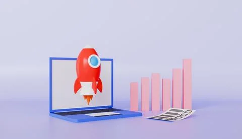 Flying rocket and chart, startup concept 3d illustration Illustrazione stock