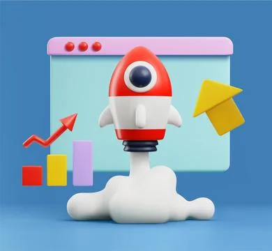 Flying rocket at backdrop of business graphs, 3D realistic vector illustration. 스톡 일러스트