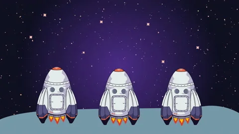 Flying rocket in comic purple space background in 4k video. Stock Footage 147851532