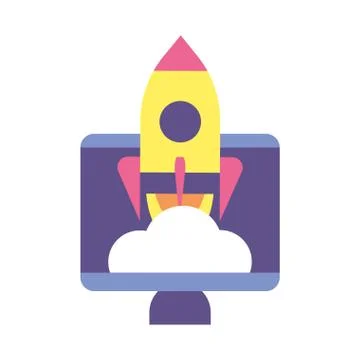 Flying rocket with computer screen, business start up Stock-Illustration