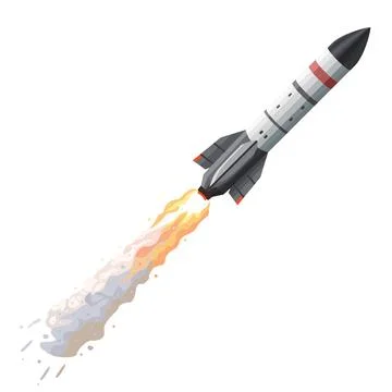Flying rocket with fire and smoke trail. Illustration. Object isolated on w.. Stock Illustration