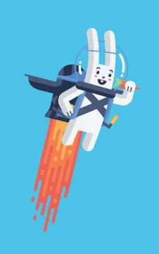 Flying Rocket Jetpack Rabbit Isolated Vector Illustration in Material Design Stock Illustration