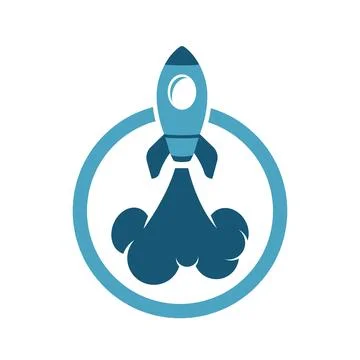 Flying rocket logo icon design. blue spaceship emits smoke with a circle fram Stock Illustration