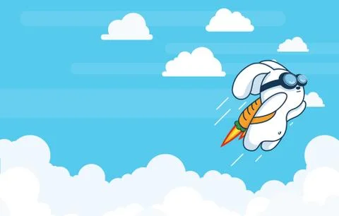 Flying Rocket Rabbit, Progress, Startup Technology, Innovation in Flat Vetor Stock Illustration