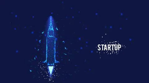Flying rocket from triangles and luminous points. Startup concept.  Backgroun Stock Illustration