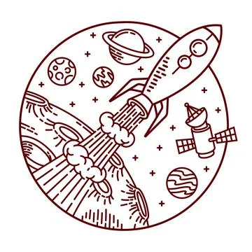 Flying rockets line vector illustration hand drawn Stock Illustration