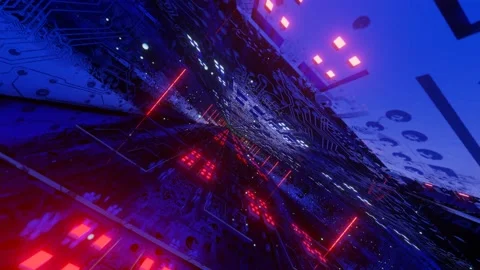 Flying a rotating camera through a technological corridor with glowing neon ligh Stock Footage 168164497