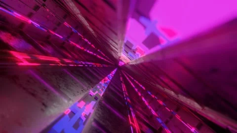 Flying a rotating camera through a technological corridor with glowing neon ligh Stock Footage 168164573