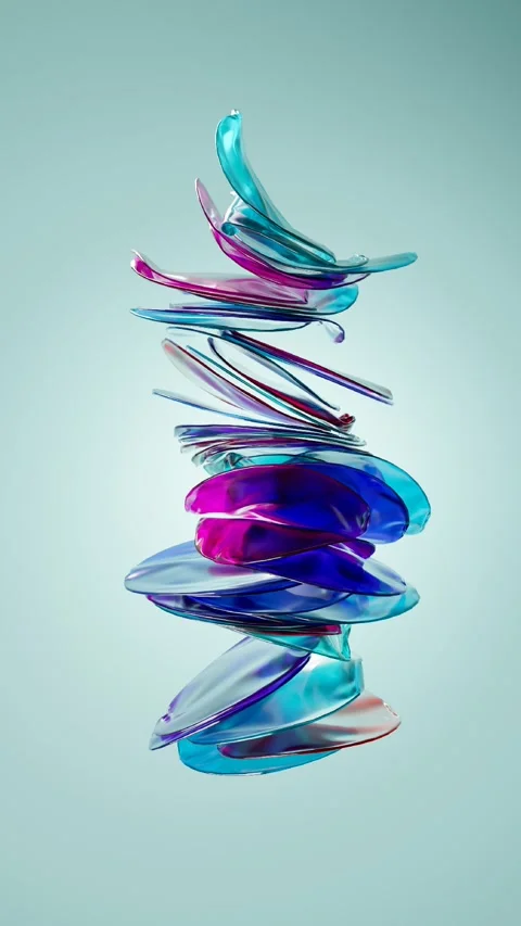 Flying round colored plates in light, Glowing flat curved disks.3d animation Stock Footage 261887441