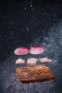 Flying rye bread, lard slices and red onion with sipping salt on grey background Stock Photos