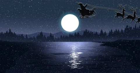 Flying Santa Claus on Christmas Night Merry Christmas Text stock video Stock Footage