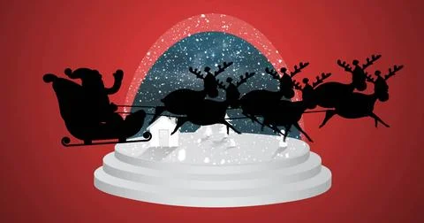Flying Santa in coat and hat pulling four reindeer across starry arc on Stock Illustration