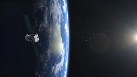 Flying satellite. The satellite appears in the frame and flies away. The earth Stock Footage 83055755