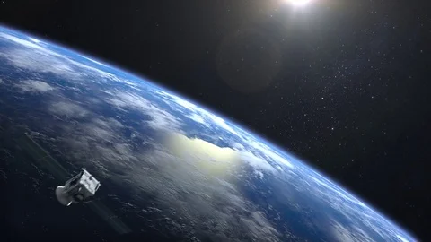 Flying satellite. The satellite appears in the frame and flies away. Satellite 스톡 동영상 84605848