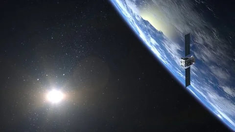 Flying satellite. The satellite appears in the frame and flies away. Satellite Video stock 84862378