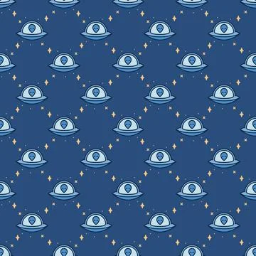 Flying Saucer with Alien in Space vector colored seamless pattern イラスト素材