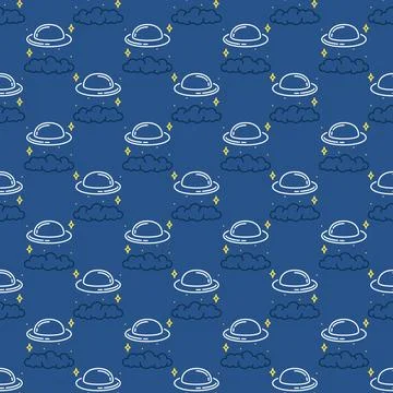 Flying Saucer in Clouds vector UFO at Night concept creative seamless pattern Stockillustratie