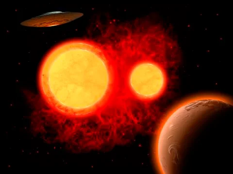 A flying saucer flying through a binary star system. Stock Illustration