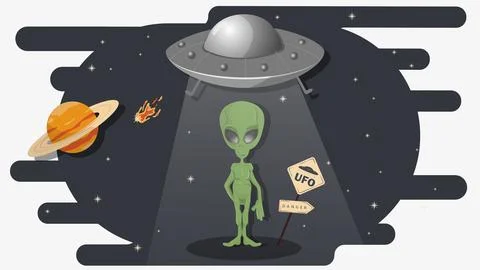 A flying saucer from outer space takes an alien aboard flat childrens doodles Stock Illustration