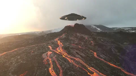 Flying Saucer over Active Volcano, Aerial view Stock Footage 152703136