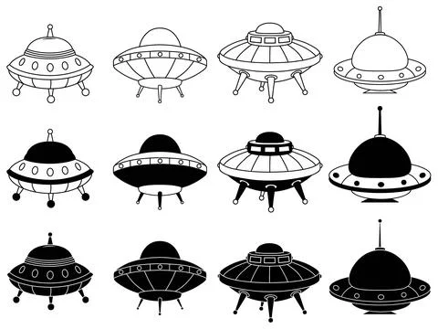 Flying saucer silhouette, outlined vector Isolated on white background Stock Illustration