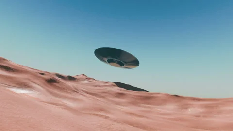Flying Saucer UFO Hovers over a sandy desert and rapidly flies away Stock Footage 325920053
