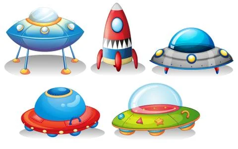 Flying saucers and a rocket Stock Illustration