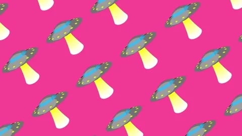 Flying saucers with blue domes and yellow light beams move in a repeating Stock Footage 346045523
