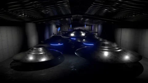 Flying Saucers Discs UFOs in Hangar Stock Footage 194862573