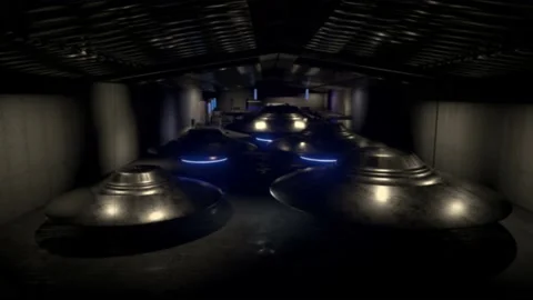 Flying Saucers Discs UFOs in Hangar Stock Footage 194862582