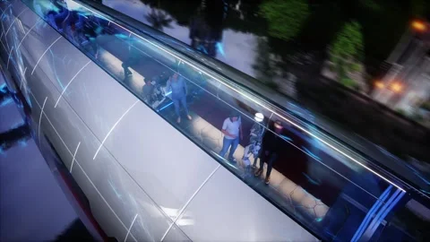Flying sci-fi futuristic passenger train. Interior. People and robots. Stock-Footage 336025348