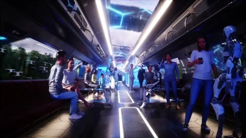Flying sci-fi futuristic passenger train. Interior. People and robots. Stock Footage 336025358