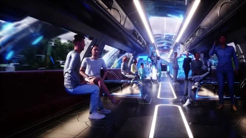 Flying sci-fi futuristic passenger train. Interior. People and robots. Vídeos de archivo 336025361
