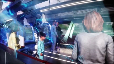 Flying sci-fi futuristic passenger train. Interior. People and robots. Video stock 336025371