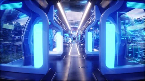 Flying sci-fi futuristic passenger train. Interior. People and robots. 動画素材 336025396