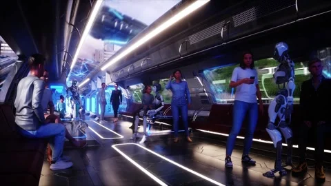 Flying sci-fi futuristic passenger train. Interior. People and robots. Stockbeeldmateriaal 336025404