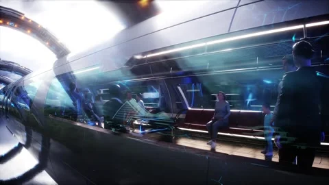 Flying sci-fi futuristic passenger train. Interior. People and robots. Stockbeeldmateriaal 336025420