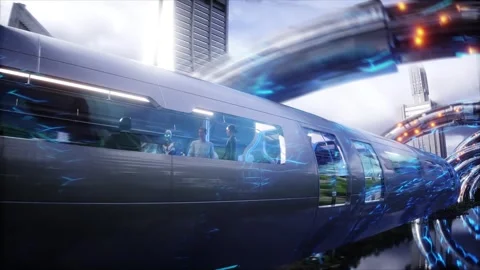 Flying sci-fi futuristic passenger train. Interior. People and robots. Video stock 336025423