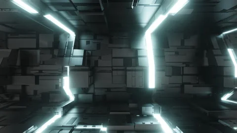 Flying into sci-fi tunnel with glowing neon light, loop motion graphic for techn Stock Footage 266779245