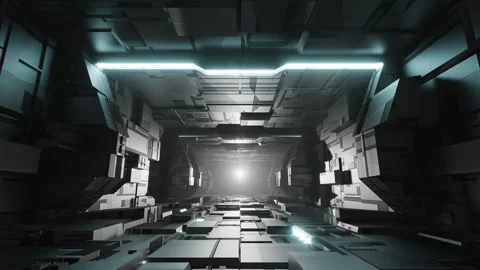 Flying into sci-fi tunnel with glowing neon light, loop motion graphic for techn Видео 266780884